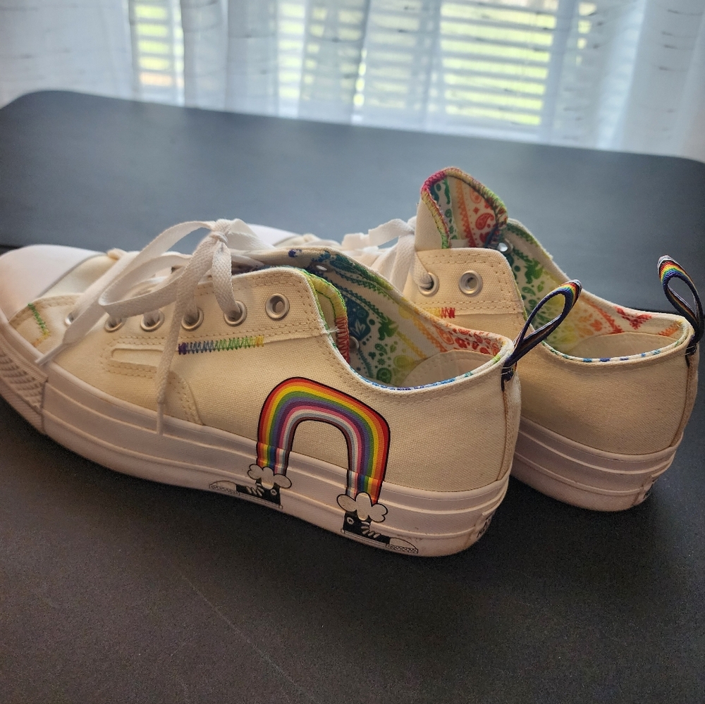 Converse Unity White Canvas Platform Sneakers with Rainbow Accent